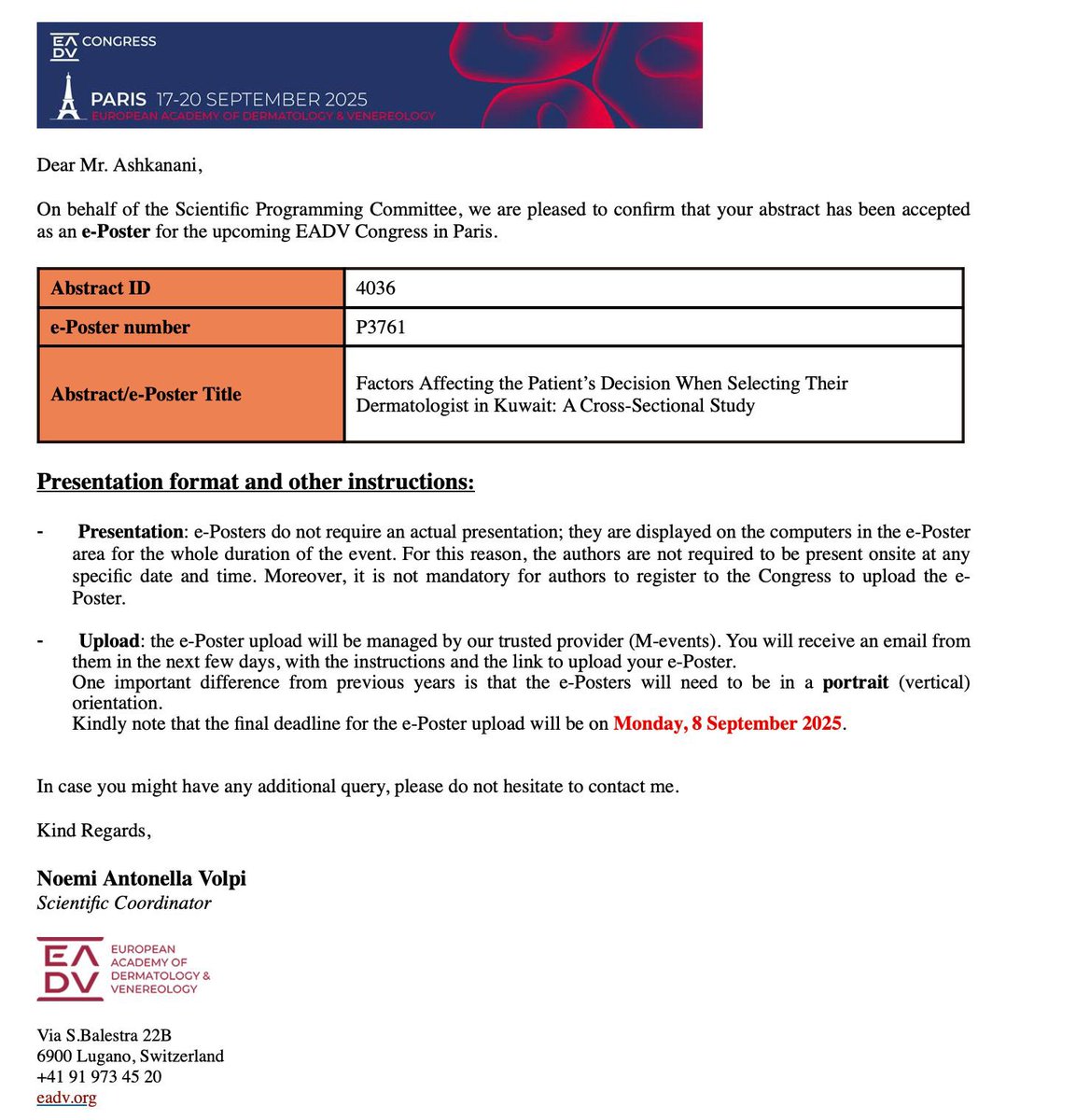 Thrilled to share that two of my abstracts have been accepted for upcoming international conferences this year:

At the EADV Congress in Paris (September 17–20, 2025) &amp; At the ACAAI 2025 Annual Scientific Meeting in Orlando, Florida (November 6–10, 2025) around the world.