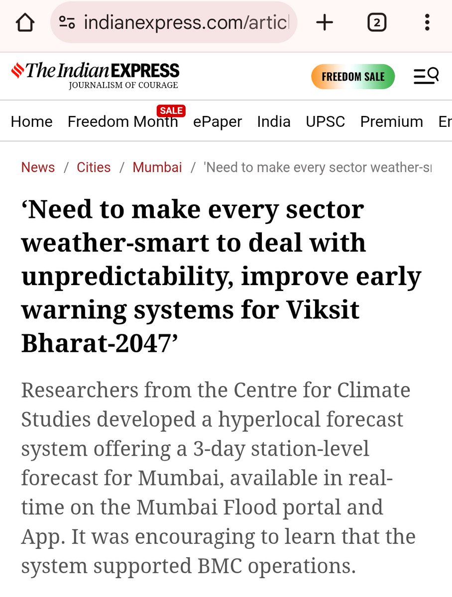 🌧️Hyperlocal Rainfall Forecasts developed for #Mumbai by a team working with Prof. <a href="/subimal_ghosh/">Subimal Ghosh</a>
&amp; Prof. <a href="/rmurtugudde/">Raghu Murtugudde</a> featured in <a href="/IndianExpress/">The Indian Express</a>🙏

Read Prof. Ghosh's interview 👇 and visit 👉 mumbaiflood.in for full details:

indianexpress.com/article/cities…

#MumbaiRains