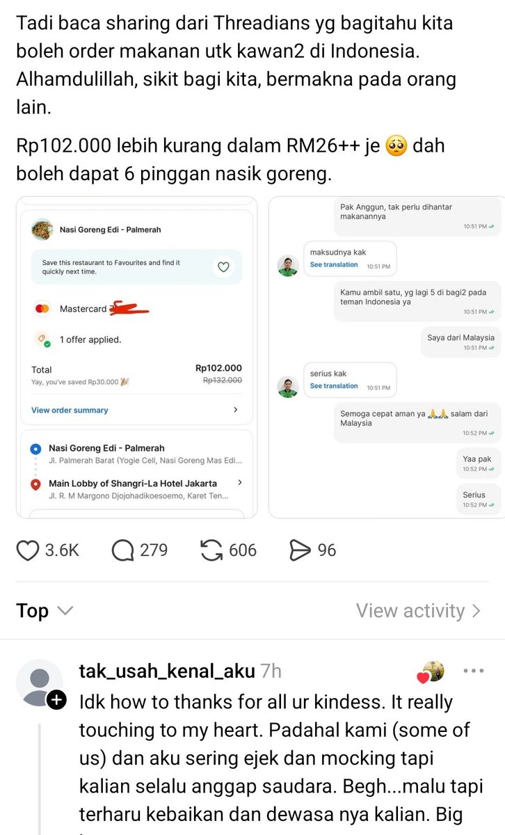 thepatriotsasia's tweet photo. "Dari Nasi Goreng ke Air Mata: Solidariti Malaysia-Indonesia di Saat Sukar!"

RM25 di Malaysia mungkin sekadar sekali makan tengah hari di food court. Namun di Jakarta, jumlah itu cukup untuk enam bungkus nasi goreng yang mengenyangkan perut-perut yang kosong sejak pagi. https://t.co/8TKOEBKrFq