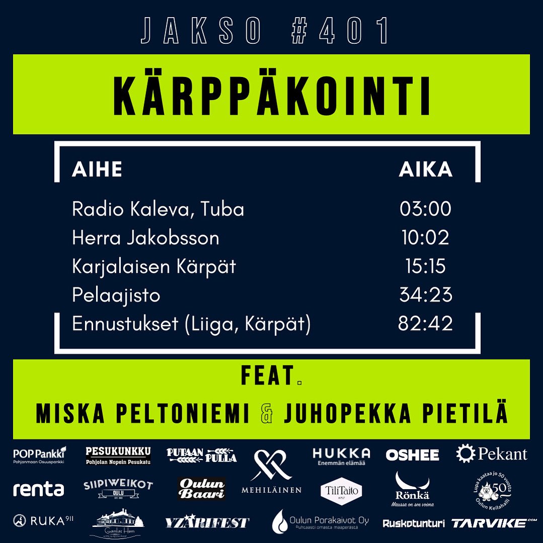 Oulun Baarin studiossa ennakoitiin Kärppien tulevaa kautta yhdessä Radio Kalevan <a href="/MiskaPel/">Miska Peltoniemi</a> ja <a href="/Juhopek_Pietila/">Juhopekka Pietilä</a> kanssa. Alkuun otettiin puheet uudesta projektista, jossa on tarkoitus lisätä yhteisöllisyyttä Kärppien ympärillä.

open.spotify.com/episode/3i0O0i…

#Kärpät #Liiga