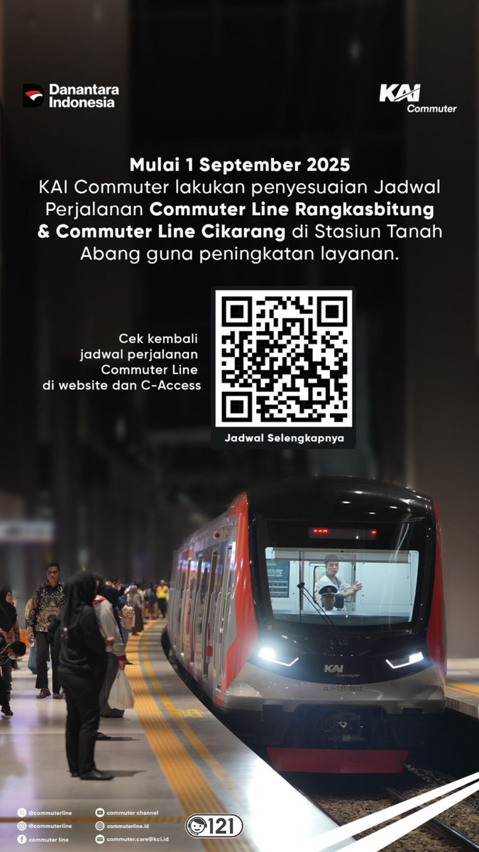 #RekanCommuters Mulai 1 September 2025 KAI Commuter lakukan penyesuaian Jadwal Perjalanan Commuter Line Rangkasbitung
&amp; Commuter Line Cikarang di Stasiun Tanah Abang guna peningkatan layanan.

Cek kembali jadwal perjalanan Commuter Line di website dan C-Access.

#KAICommuter