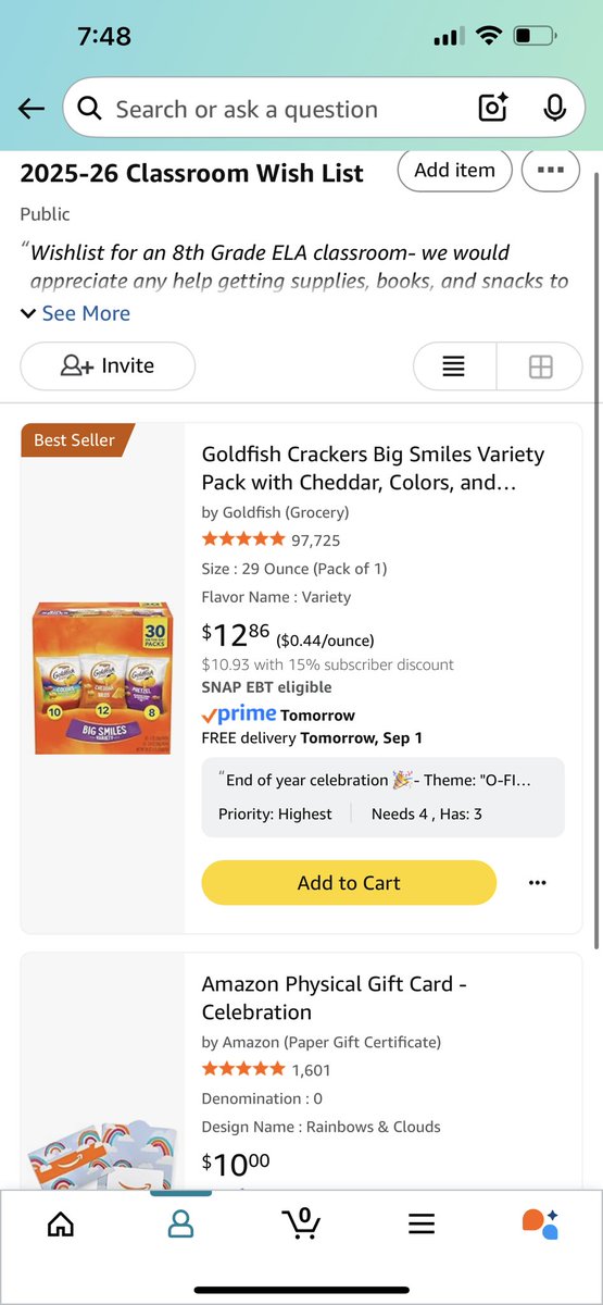 teaching_bliss's tweet image. I can’t believe I’m saying this! First time in all the years I’ve participated in CTL- my list is CLEARED! Minus one box of snacks and GCs. 😭🙌🏽♥️ This has been a truly amazing day and experience.
P.S. I will add to this list as the year progresses. Snacks run low, needs…