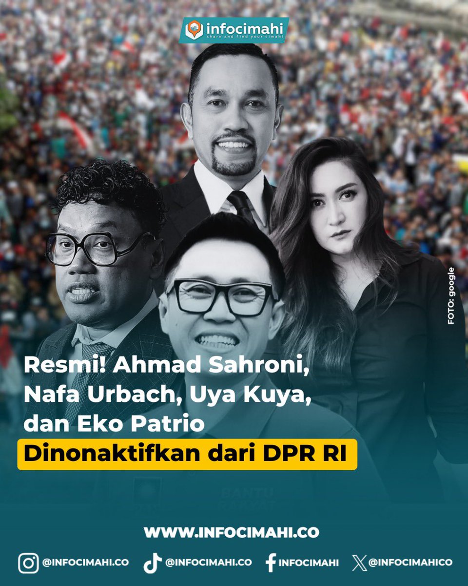 INFOCIMAHI - Ahmad Sahroni dan Nafa Urbach resmi dinonaktifkan dari keanggotaan Fraksi Partai NasDem di DPR RI. 

Keputusan ini ditegaskan melalui pers yang diunggah di akun Instagram resmi partas NasDem @/official_nasdem dan surat yang ditandatangani Ketua Umum Surya Paloh