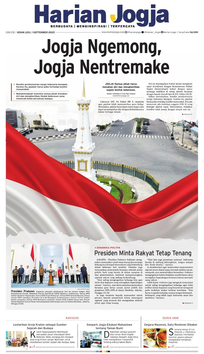 Selamat pagi para pembaca.

Mari mengawali hari dengan membaca kabar terkini. Berikut Koran Harian Jogja Edisi Senin, 1 September 2025.

Berita selengkapnya bisa diakses di bacakoran.harianjogja.com/epaper?src=mob…