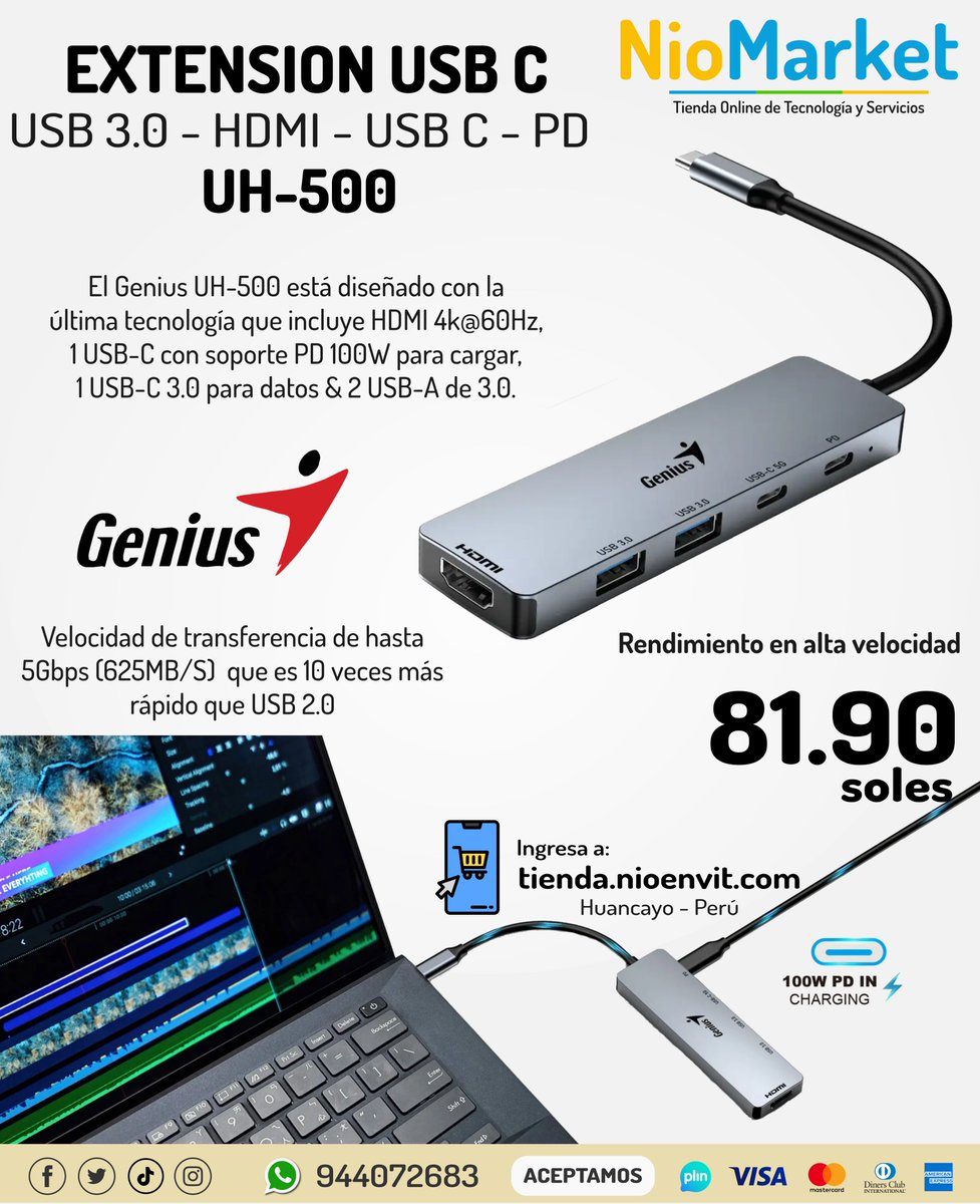 NioenviT's tweet image. 📸 ¡Extensión USB C 5 en 1 - Genius! 🎥✨
🚚 Envío Gratuito a Huancayo y Tambo*
🚚 Envío a todo Junín por Shalom
📲 Cómo pedir?
👉 Envía un mensaje a nuestro WhatsApp o en nuestra tienda Online ➡ tienda.nioenvit.com/10-tecnologia
#Hubusb #extensionusb  #Huancayo #Junin #Eltambo