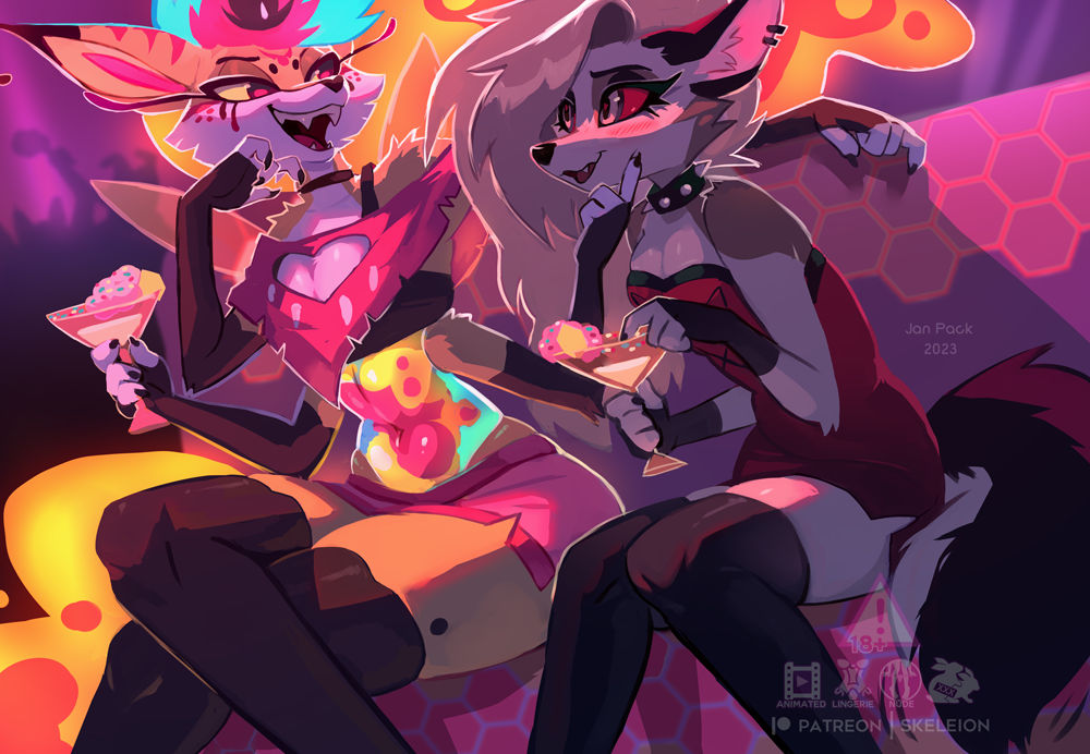 Hey, Honeybee, welcome to the party~! Care to take a seat with us~? 🎉🐝

Art is Skeleion !

#Helluvaboss #loona #queenbeelzebub