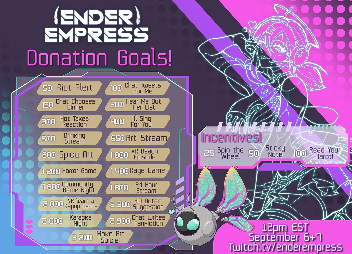 Speaking of my Donothon this weekend! Here's the goals! I went lofty since you all keep surprising me! Look below for some cheeky stretch goals! I'm so excited for my 2.0 and thank you for your support!! 🦋👾
#Vtuber #VtubersUprising #VtuberEN