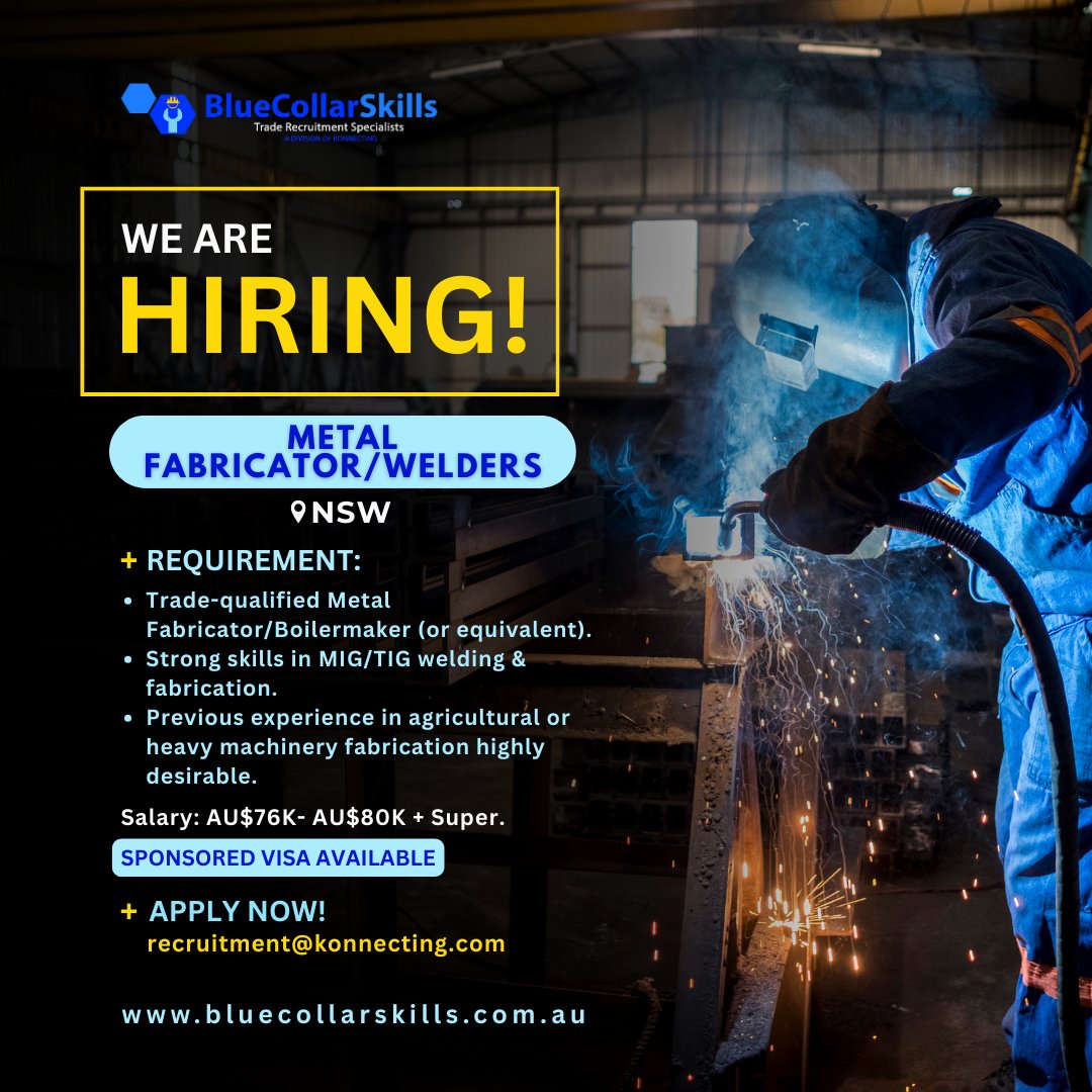 BlueCollarSkill's tweet image. Metal Fabricator/Welder Jobs – Moree, NSW

📧 Email: recruitment@konnecting.com

#MetalFabricatorJobs #WelderJobsAustralia #SkilledTradesNSW #VisaSponsorshipAustralia #RegionalJobs #sponsoredvisa #konnecting #Australia