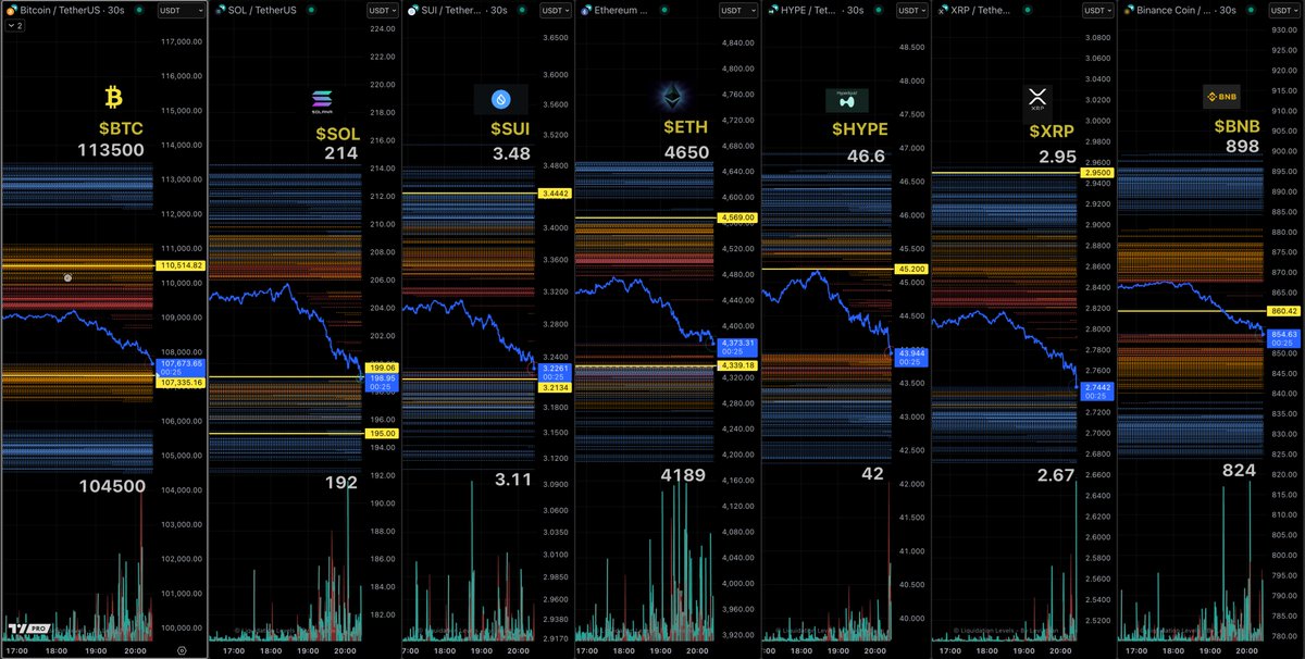 Crypto liquidation level charts for BTC, SOL, SUI, ETH, HYPE, XRP, and BNB as of August 31, 2025