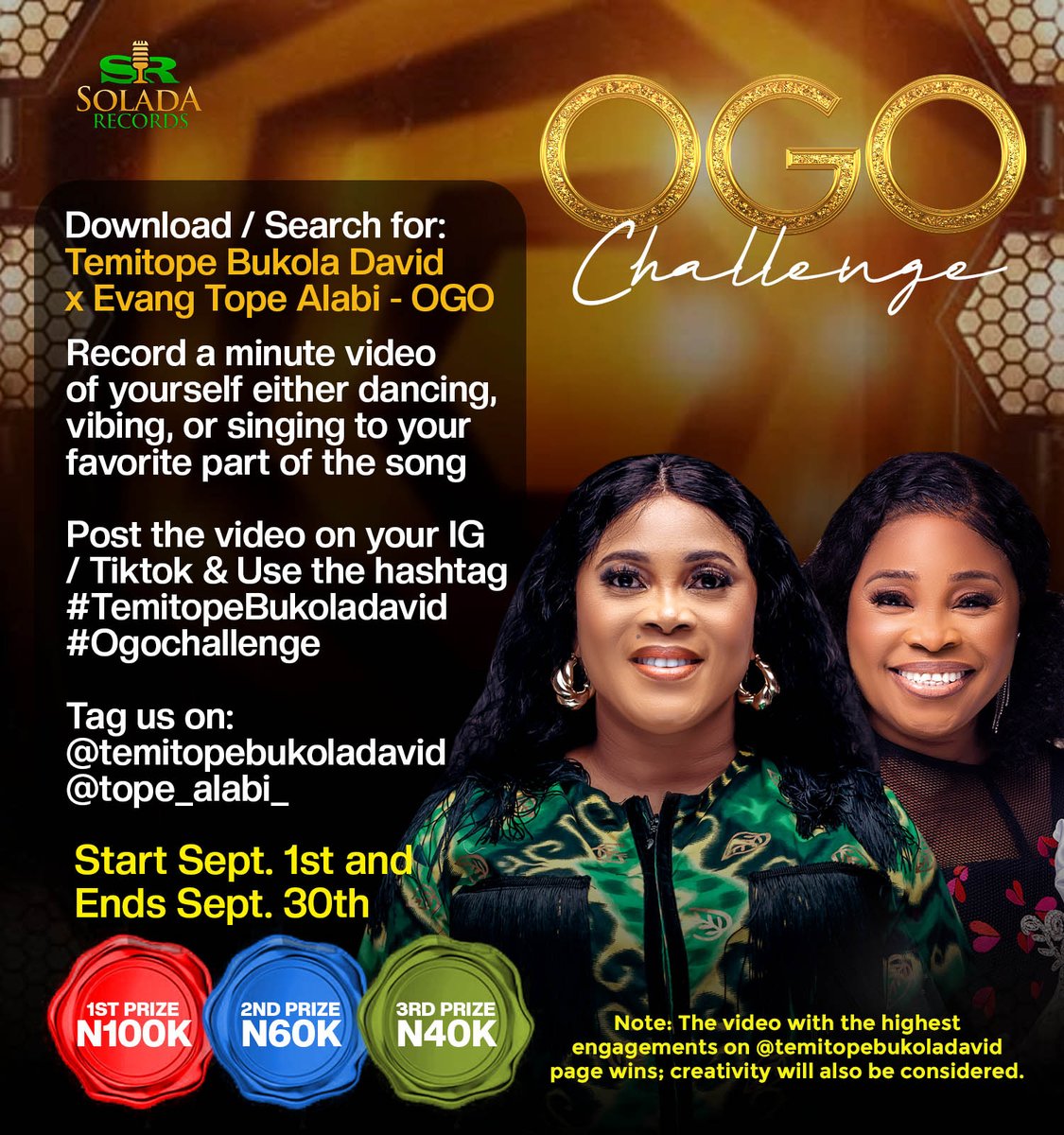 DaviddayoMin's tweet photo. OGO Challenge

* Search / Download: Temitope Bukola David x Evang. Tope Alabi - OGO* Record a minute video of yourself either dancing, vibing, or singing to your favorite part of the song  Post the video on your IG / Tiktok &amp; Use the hashtag #TemitopeBukoladavid #Ogochallenge https://t.co/MgEhuckari