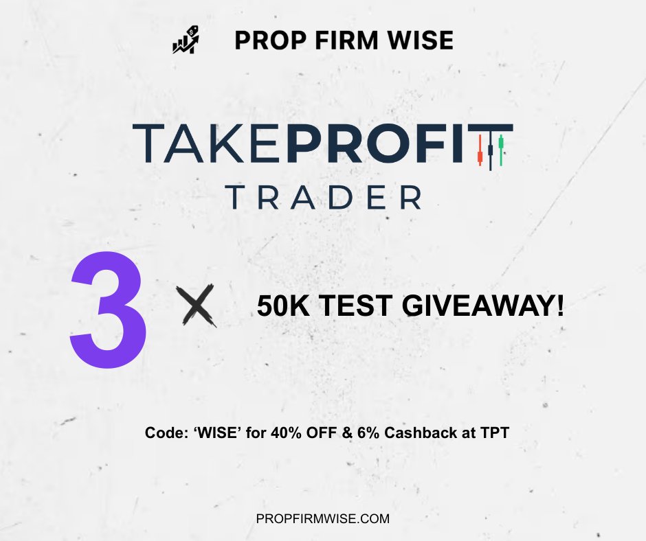 🎉 GIVEAWAY:  3x TakeProfitTrader 50K Tests🎉

How to Enter:
1️⃣ Follow <a href="/propfirmwise/">Prop Firm Wise</a> &amp; <a href="/TakeProfitLLC/">TakeProfitTrader</a>   
2️⃣ Join our Discord: discord.com/invite/QDcYYzt…
3️⃣ Like &amp; Retweet this post
4️⃣ Comment &amp; tag 3 trader friends 👥

⏳ 3 comments will be selected as winners in 48 hours! 
Good