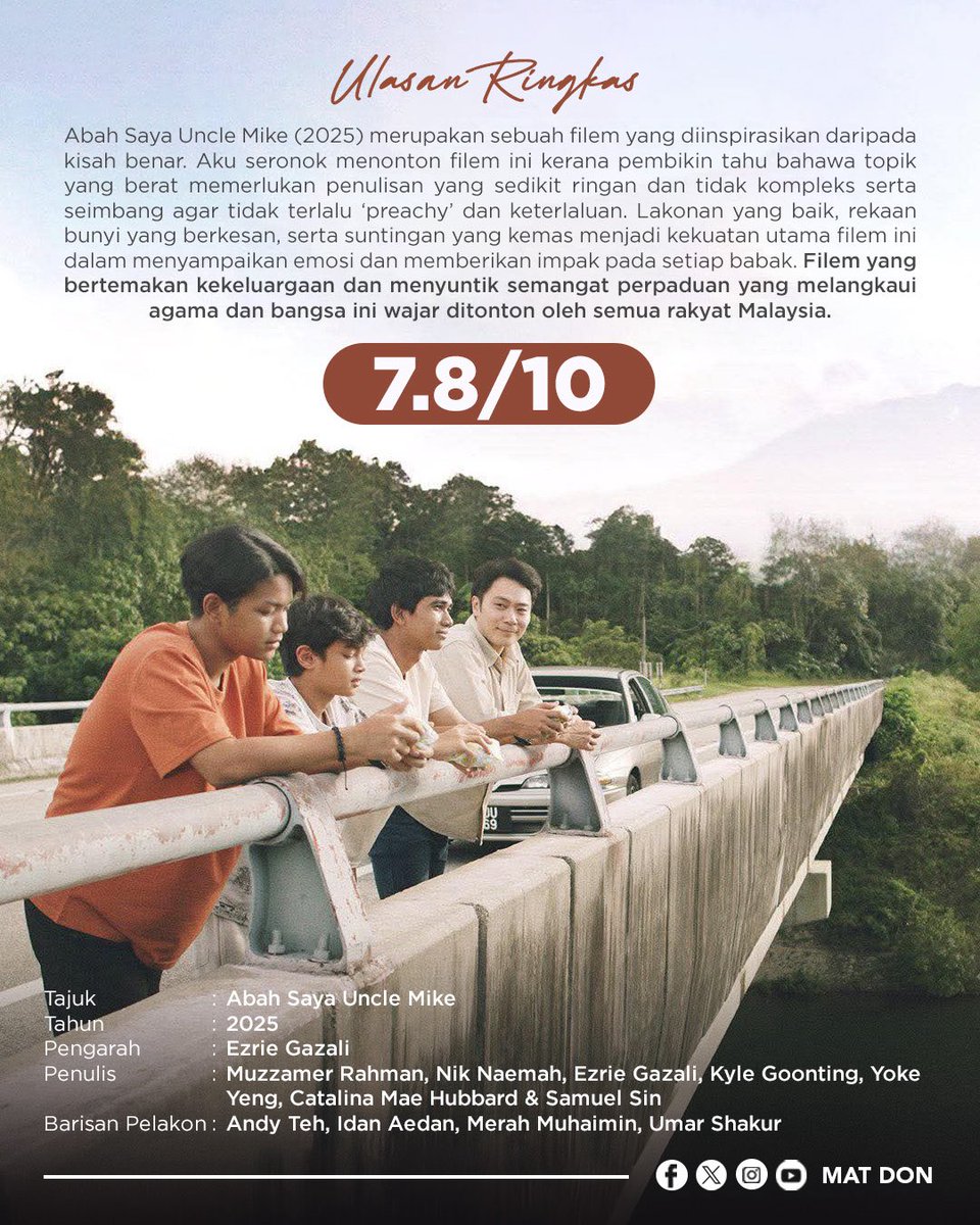 Don_Aziz's tweet image. Abah Saya Uncle Mike (2025) - 7.8/10

Filem yg diinspirasikan drpd kisah benar ini wajar ditonton dan diberikan sokongan oleh semua rakyat Malaysia. Konflik karakter kalau ditarik sedikit panjang, aku yakin beri kesan lebih mendalam. Namun, TETAP RECOMMENDABLE !

#sinematdon