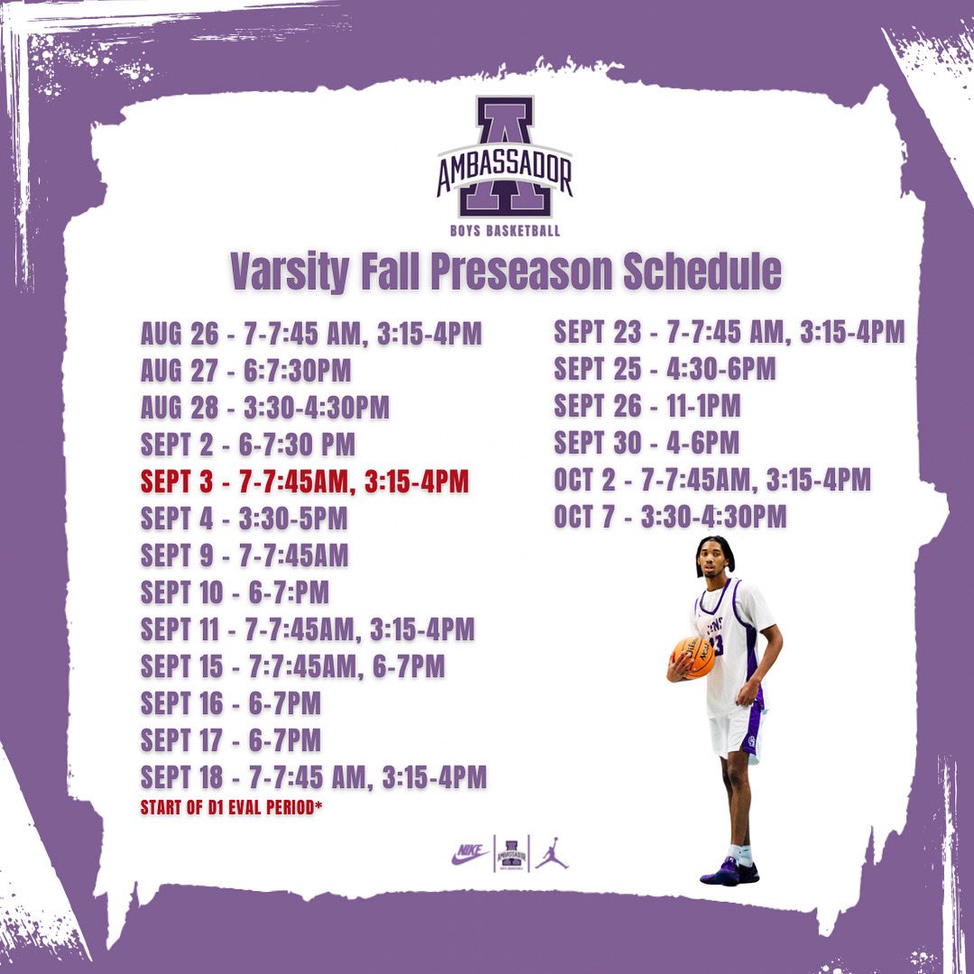 Nick Jones (@coachjonesacs) on Twitter photo 🚨Coaches 🚨
This Week for <a href="/ACSLions_BB/">Ambassador Christian School - Boys Basketball</a>
Tues Sept 2nd - 6-730pm
Wed Sept 3rd - 645-745am, 315-4pm*
Thurs Sept 4th - 3:30-5pm
Skill Work + Live Structured 3v3, 4v4, 5v5
🟣⚪️🟣 🚨Coaches 🚨
This Week for <a href="/ACSLions_BB/">Ambassador Christian School - Boys Basketball</a>
Tues Sept 2nd - 6-730pm
Wed Sept 3rd - 645-745am, 315-4pm*
Thurs Sept 4th - 3:30-5pm
Skill Work + Live Structured 3v3, 4v4, 5v5
🟣⚪️🟣