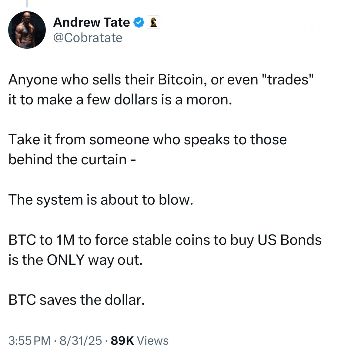 TheBTCTherapist's tweet image. Andrew Tate is making some wild claims👇