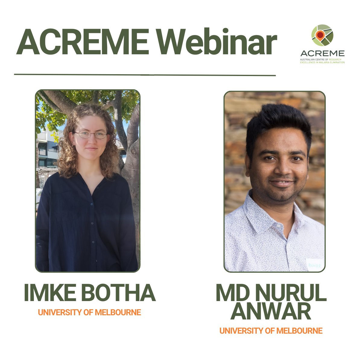Register for our next webinar with Imke Botha and Md Nurul Anwar on Thurs 18 Sept 3pm AEST 🔗 events.humanitix.com/acreme-webinar…
🔬 Modelling SP resistance through dhfr and dhps haplotypes – Imke Botha

🦟 Spatio-temporal agent-based modelling of Malaria – Md Nurul Anwar, PhD