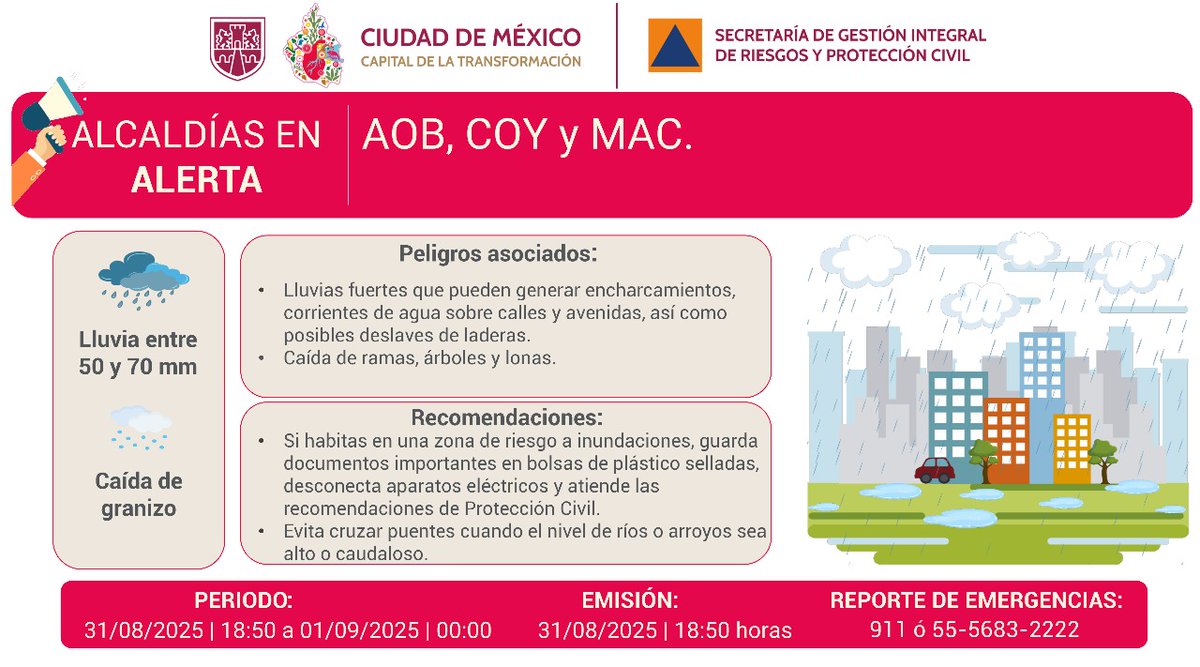 Secretaría de Gestión Integral de Riesgos y PC (@sgirpc_cdmx) on Twitter photo Se activa #AlertaRoja por persistencia de #lluvias fuertes y caída de #granizo para la tarde y noche del domingo 31/08/2025 en las demarcaciones: <a href="/AlcaldiaAO/">Alcaldía Álvaro Obregón</a>, <a href="/Alcaldia_Coy/">Alcaldía de Coyoacán</a> y <a href="/ALaMagdalenaC/">Alcaldía La Magdalena Contreras</a>. Mantente informado. #PronósticoDelTiempo #LaPrevenciónEsNuestraFuerza #Tlaloque Se activa #AlertaRoja por persistencia de #lluvias fuertes y caída de #granizo para la tarde y noche del domingo 31/08/2025 en las demarcaciones: <a href="/AlcaldiaAO/">Alcaldía Álvaro Obregón</a>, <a href="/Alcaldia_Coy/">Alcaldía de Coyoacán</a> y <a href="/ALaMagdalenaC/">Alcaldía La Magdalena Contreras</a>. Mantente informado. #PronósticoDelTiempo #LaPrevenciónEsNuestraFuerza #Tlaloque