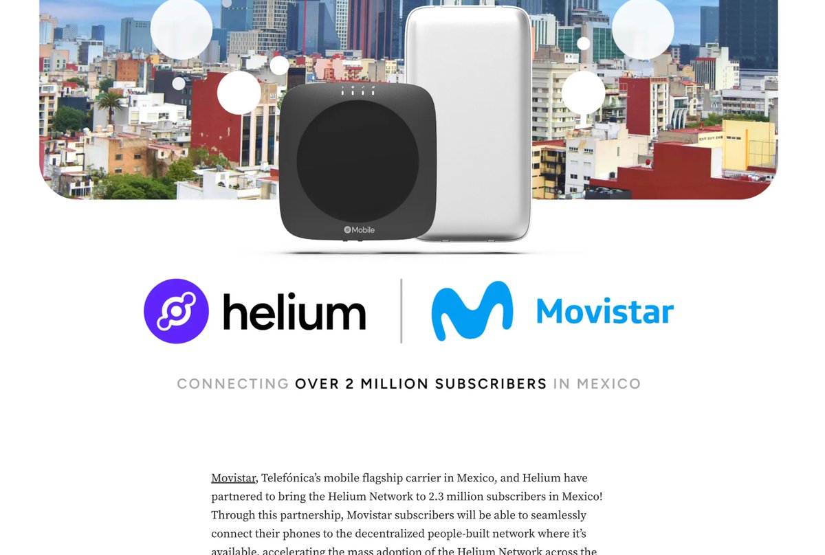 Helium and Movistar partnership graphic showing devices and Mexico cityscape