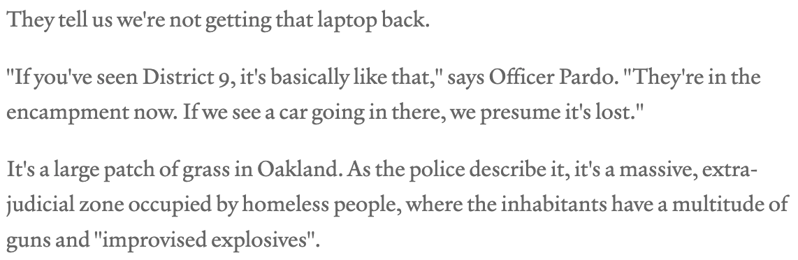 A similarly heroic effort in Oakland, CA resulted in a good story but no recovered laptop, because the police don't attempt to recover stolen goods from the "extra-judicial zone occupied by homeless people"

lightconeinfrastructure.com/adventures-of-…