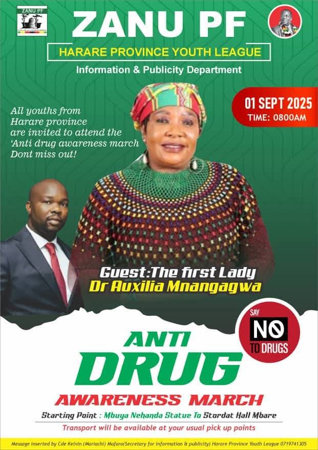 Mairosi Watungwa (@mairosiwatungwa) on Twitter photo The <a href="/ZANUPF_Official/">ZANU PF</a> Harare Province Youth League cordially invites you all today, Monday 01 September 2025, for a 'Youth UNITED for Safe Communities march' against drug and substance abuse. People will gather at the Mbuya Nehanda Statue in Harare at 8 am and proceed to Mbare The <a href="/ZANUPF_Official/">ZANU PF</a> Harare Province Youth League cordially invites you all today, Monday 01 September 2025, for a 'Youth UNITED for Safe Communities march' against drug and substance abuse. People will gather at the Mbuya Nehanda Statue in Harare at 8 am and proceed to Mbare