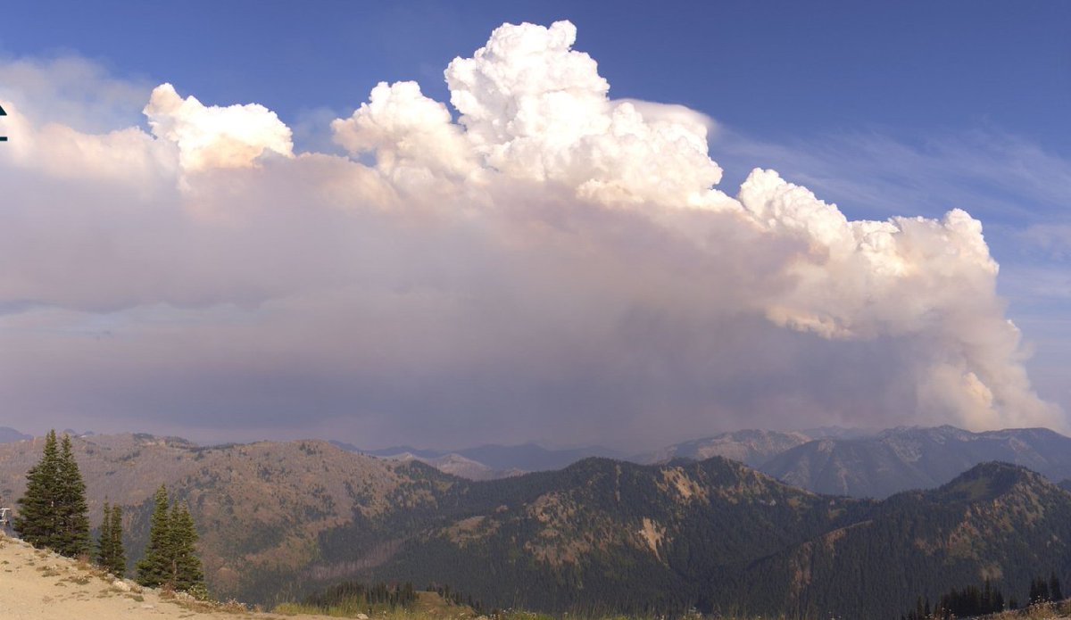 WhidbeyWXGuy's tweet image. The #WildcatFire to the east of Mt. Rainier is exploding today due to unstable and windy conditions. It is over 1,000 acres in size and quickly growing. The image below is from the Crystal Mountain webcam 10 minutes ago. #wawx
