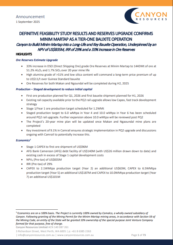 $CAY is pleased to have released its updated DFS for the Minim Martap Bauxite Project, confirming the project’s strong economics and pathway for phased development including NPV of US$835M and IRR of 29%.

See full announcement: bit.ly/3URigh5