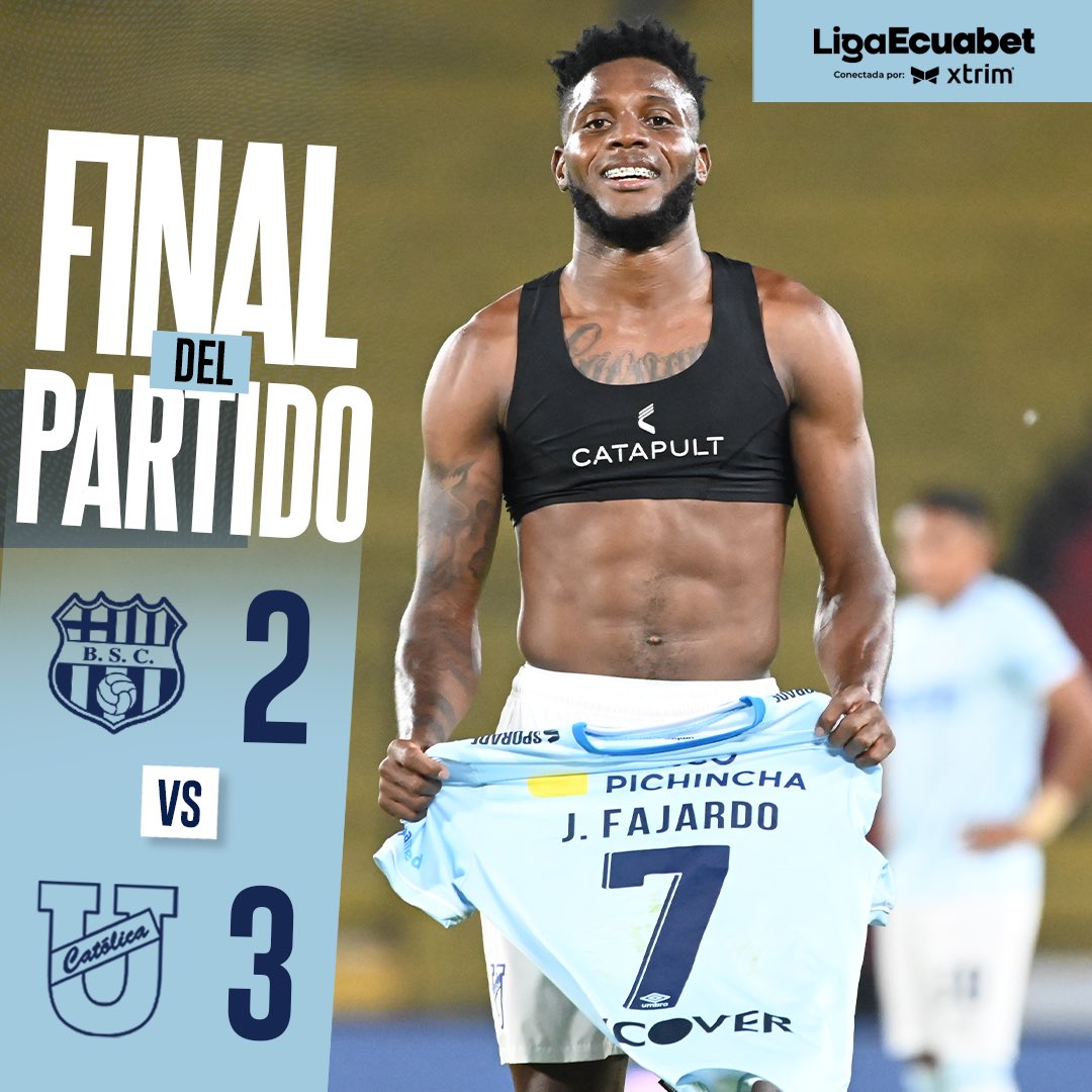 Final del partido en Guayaquil 🏟️

➕3️⃣ puntos y a seguir soñando!

Barcelona S.C  2️⃣-3️⃣ U. Católica 

Vamos 💪

¡La Nueva Chatoleí! 🔵⚪️

#FamiliaCammarata 
#LigaEcuabetconectadaporXtrim 
#TodosPorCatólica