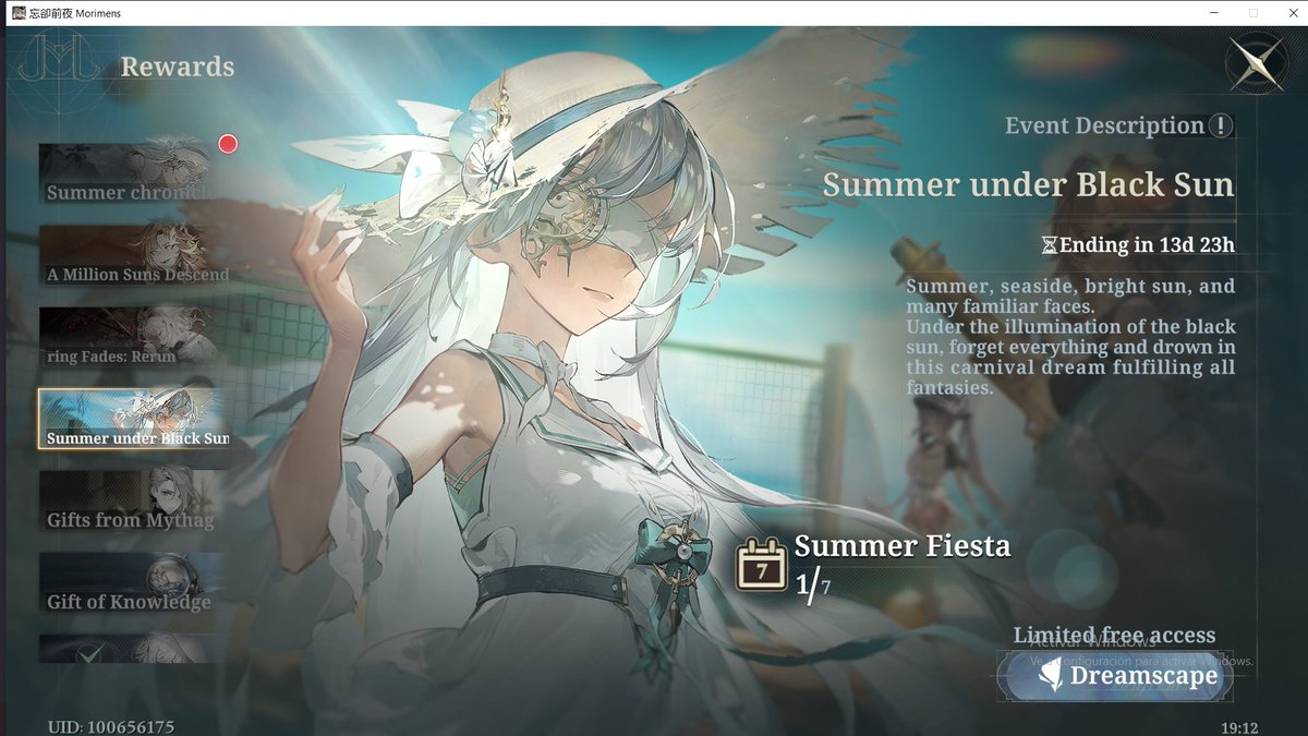 -Evento de verano YA disponible- ✨🏖️

Con el, viene un nuevo Log-In de 7 días con 10 Núcleos Luminous.

Además de un Pase especial gratis y de pago con un arma de evento y sus duplicados y  tiradas al banner permanente y promcional.

#Morimens #忘卻前夜 #망각전야
