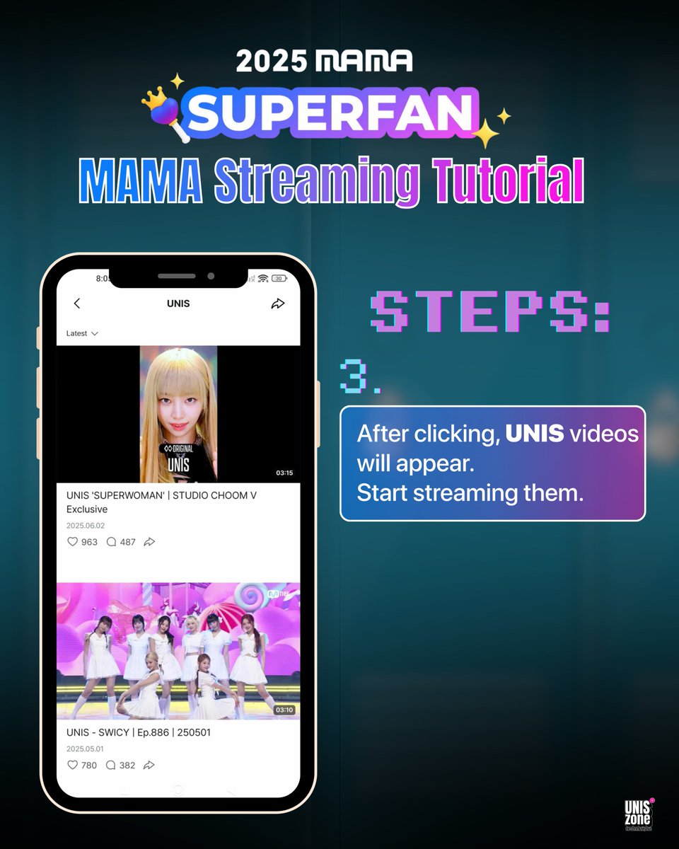 UZStreamingTeam's tweet photo. Here’s how to stream UNIS videos for MAMA 2025 SuperFan! 🎶💎

#2025MAMAAWARDS 
#MAMASUPERFAN 
#UNIS #유니스 https://t.co/cW8xP52tax