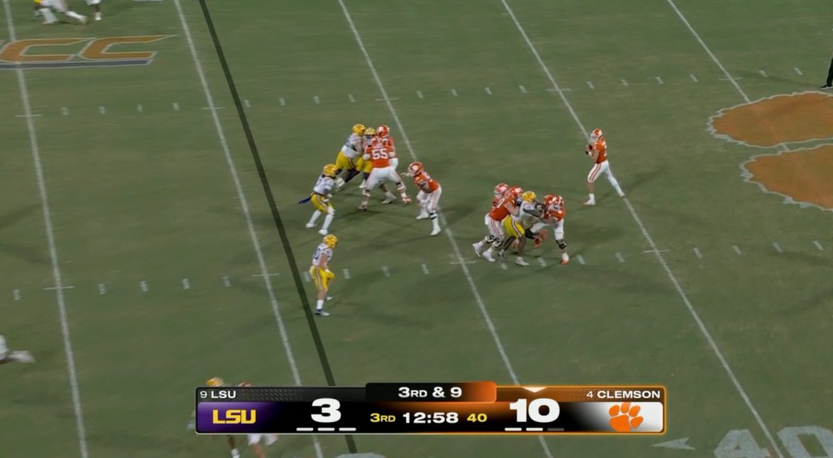 TheMorganTShow's tweet photo. Fowler:
3rd and 9. Klubnik gets good protection here. 
Rolls out. 
Fires Incomplete.

This is something we have seen in the past as well. RT Miller has a block set to the outside. If the QB also rolls to the outside, the block is no longer effective. Notice the rollout starts with the defender about 5-6 yards away from him.