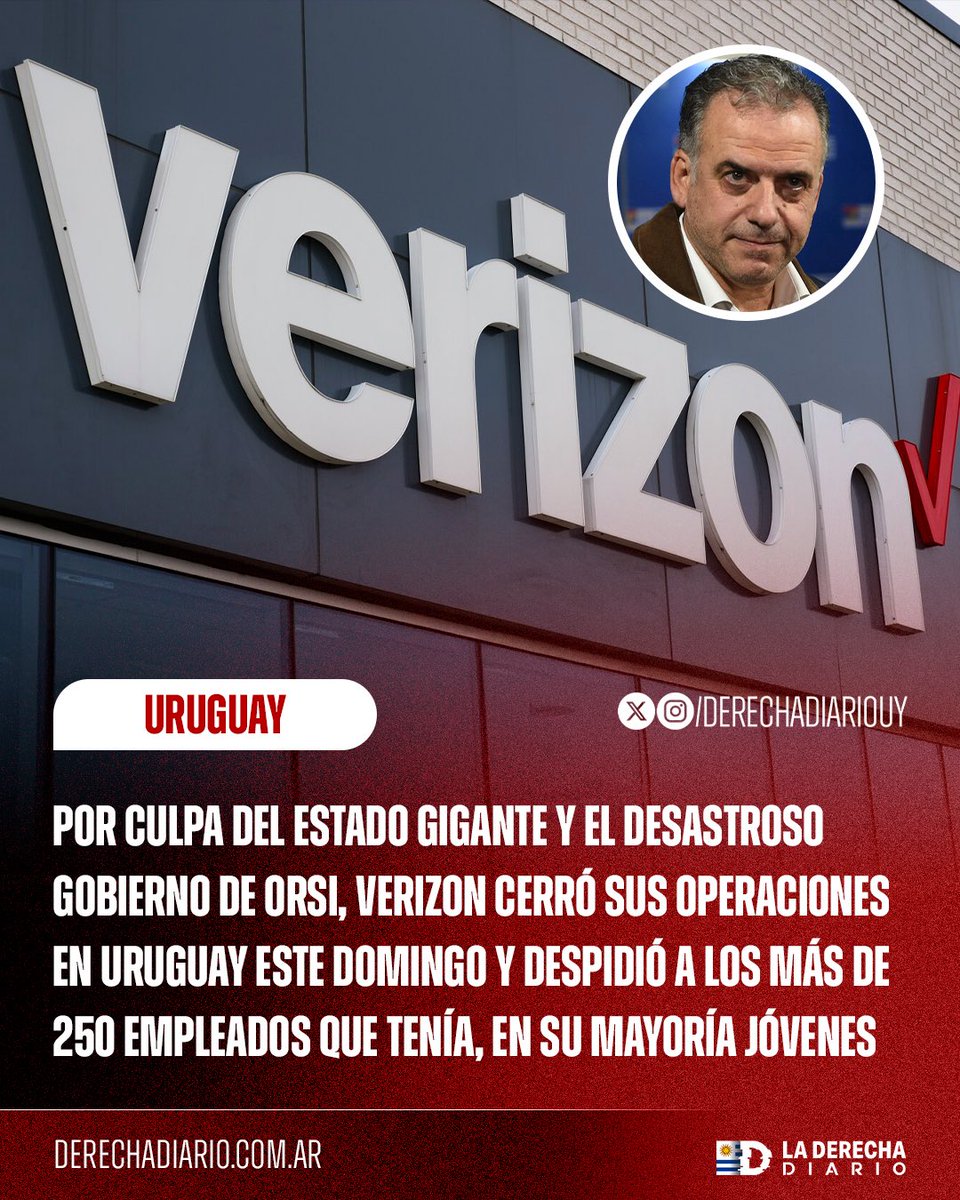DerechaDiarioUY's tweet photo. 🇺🇾 | Por culpa del Estado gigante y el desastroso gobierno de Yamandú Orsi, Verizon cerró sus operaciones en Uruguay este domingo y despidió a los más de 250 empleados que tenía, en su mayoría jóvenes. https://t.co/wZ3wkTuf2i