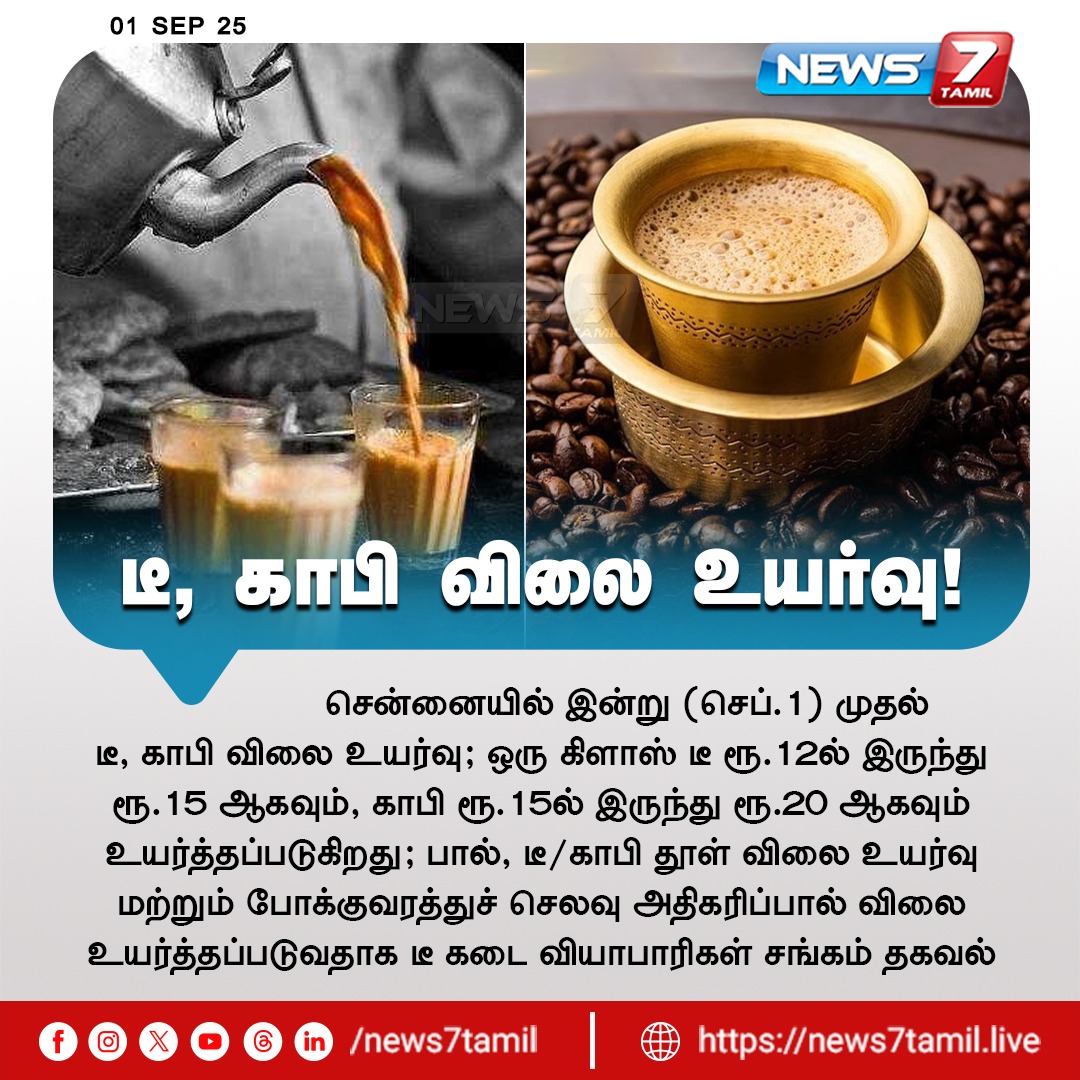 news7tamil's tweet photo. சென்னையில் இன்று முதல் டீ, காபி விலை உயர்வு!
#Tea | #Coffee | #TeaPrice | #TeaRate | #TeaLover | #PriceHike | #Chennai | #TeaStall https://t.co/LrKEbHnDWp