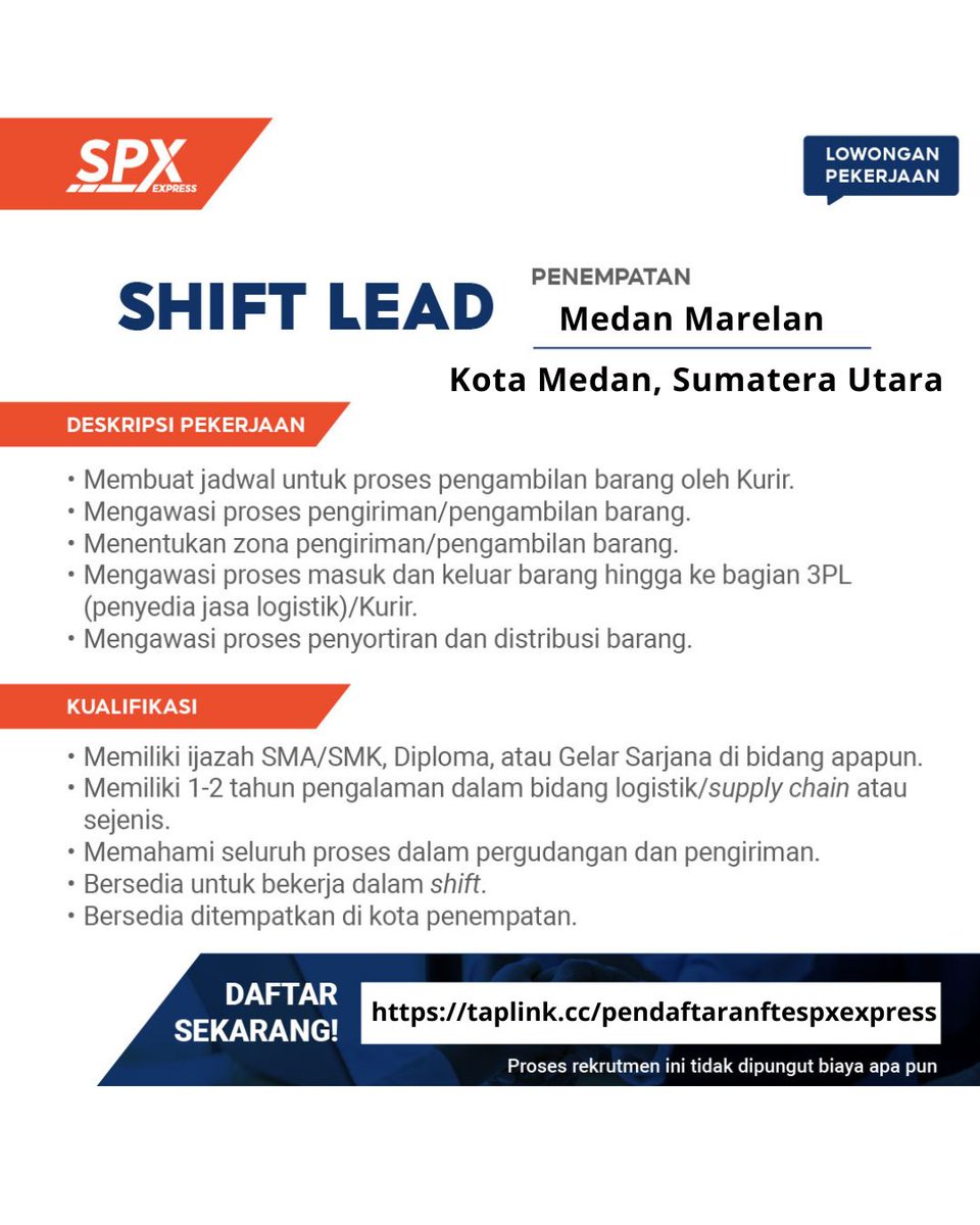 iceopennetworkk's tweet image. 🚀 SPX Express buka loker Shift Lead Medan! Min. SMA/SMK/D3/S1 semua jurusan, pengalaman 1-2th logistik, siap kerja shift. Gaji kompetitif &amp;amp; karir berkembang! Daftar 👉 taplink.cc/pendaftaranfte…

#lokerMedan #ShiftLead #SPXExpress #Karir #Logistik