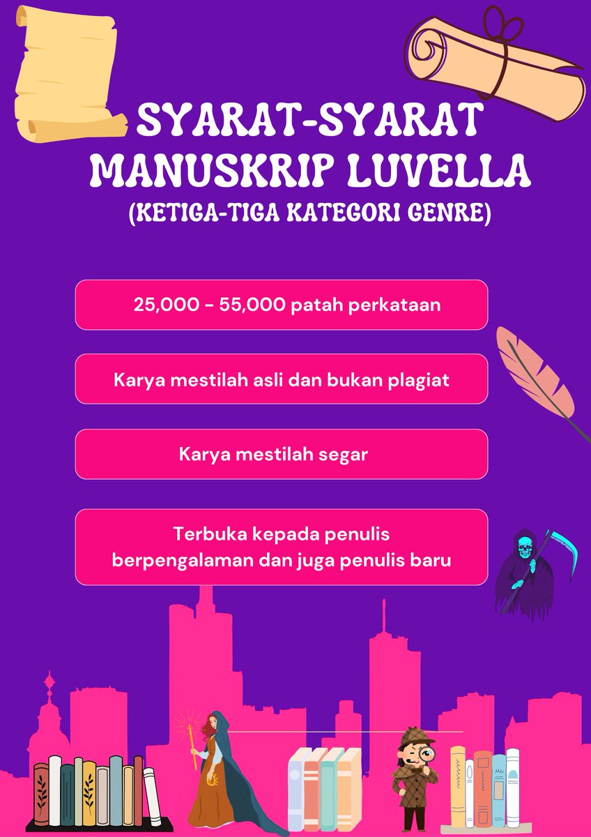 LYPUB_OFFICIAL's tweet photo. 🎉 Pencarian Manuskrip Luvella Dibuka!

Anda penulis Fantasy, Mystery Thriller atau Horror? Ini peluang emas anda! 💫

📚 Hanya 1 manuskrip terbaik setiap genre akan diterbitkan sebagai fizikal, jadi pastikan karya anda menonjol! https://t.co/AyIUcrRqHW