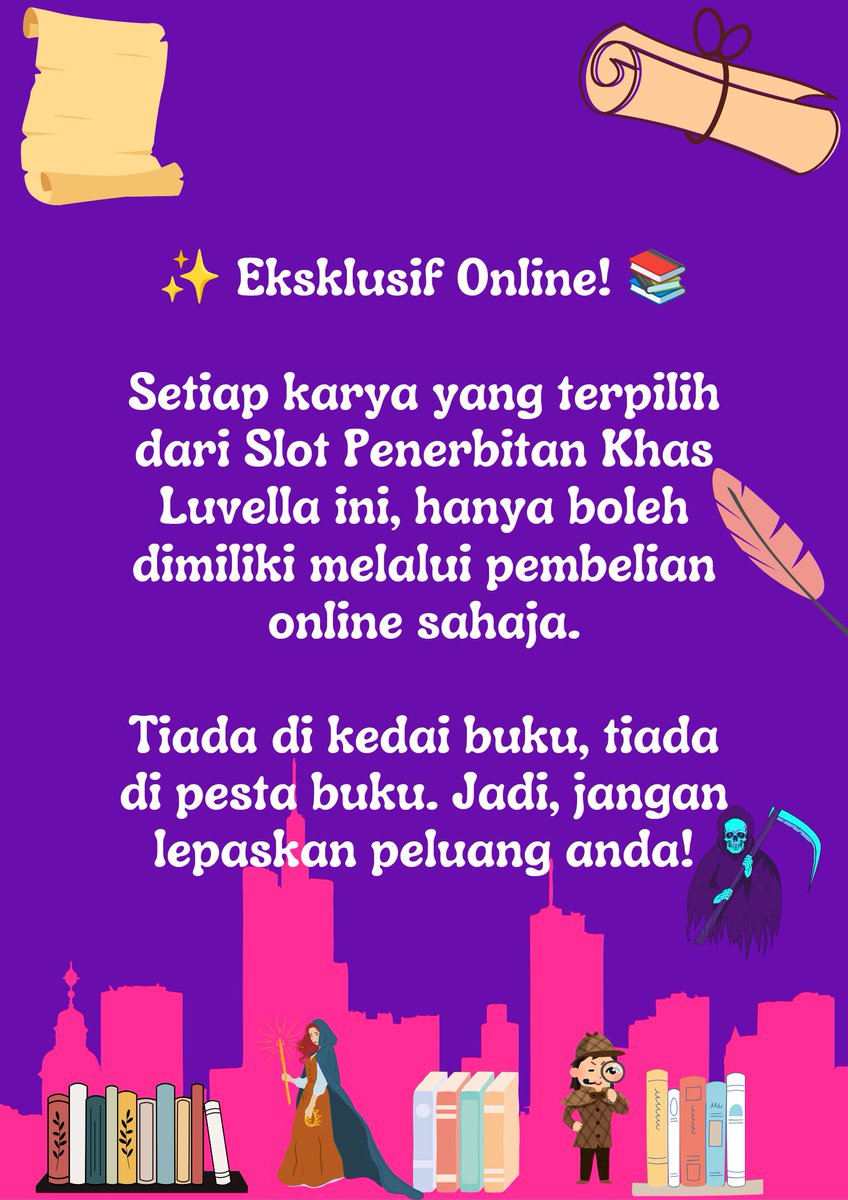 LYPUB_OFFICIAL's tweet photo. ✨ Eksklusif Online 📚

Novel yang berjaya terbit hanya akan dijual secara online melalui website dan platform rasmi Lucyana Publication sahaja. Tiada di kedai buku atau pesta buku!

Tag kawan penulis yang sesuai &amp; share info ni! Jangan biarkan peluang ni terlepas! ✨ https://t.co/0k7MJK0akc