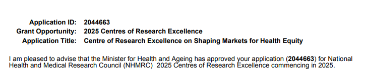 Very happy to announce that our team has won an <a href="/nhmrc/">NHMRC</a>  Centre for Research Excellence on how to shae markets for  health 

So pleased to be working with <a href="/SharonFrielOz/">Sharon Friel</a>  <a href="/ourANU/">ourANU</a>  our team <a href="/UniofAdelaide/">Uni of Adelaide</a> Katherine Cullarton <a href="/uqnews/">uqnews</a> and Susan Stone <a href="/UniversitySA/">UniSA</a>
