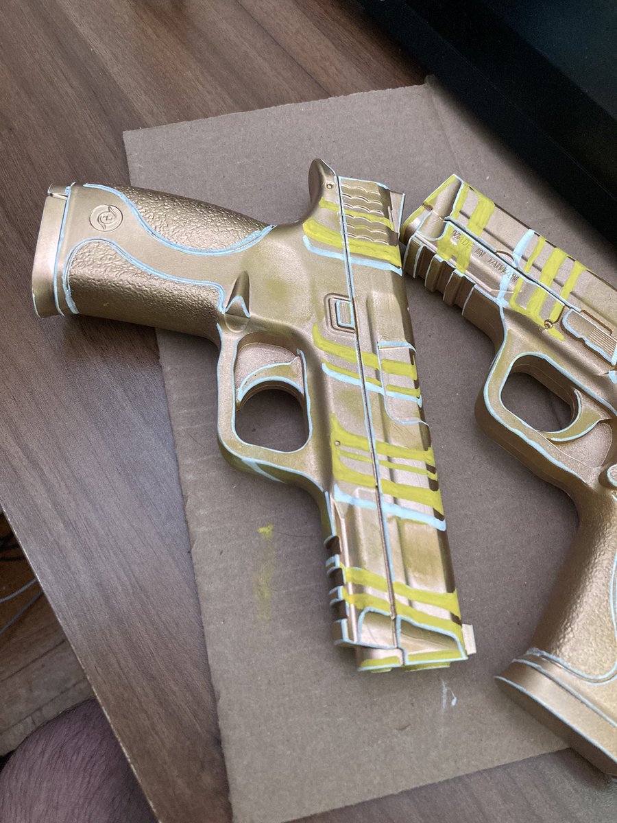 i like how my Jake English guns game out but the gold paint i got was just TOO gold i wanted to go for more of a cartoony look but THEY WERE STILL FUN might get another pair of these prop guns and try again LOL