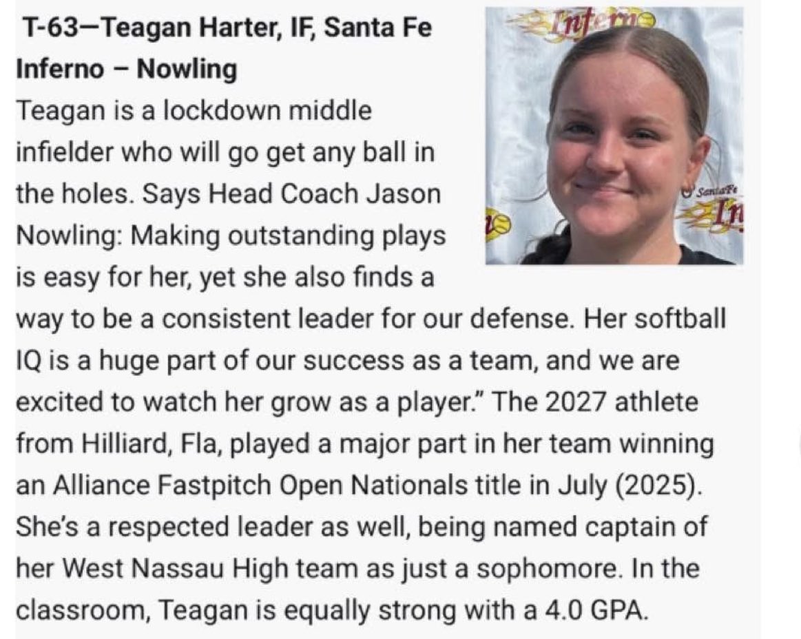 Thank you <a href="/LineDsoftball/">Line Drive Media</a> for the recognition! I’m very thankful and blessed to be ranked #63 in the 2027 recruiting class. <a href="/FeNowling/">Santa Fe Inferno-Nowling</a> 🔥 <a href="/WNHSsoftball/">West Nassau Softball 🥎🏹</a>  🏹