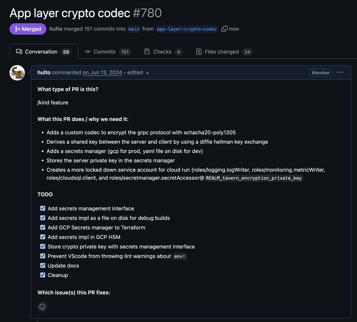 Realm app layer crypto is here! 🔒
Agents can be built with a server public key.
Transports leverage an ephemeral diffie-hellman key-exchange and xchacha for message encryption.

It's been a long time coming but it's finally here!
github.com/spellshift/rea…
