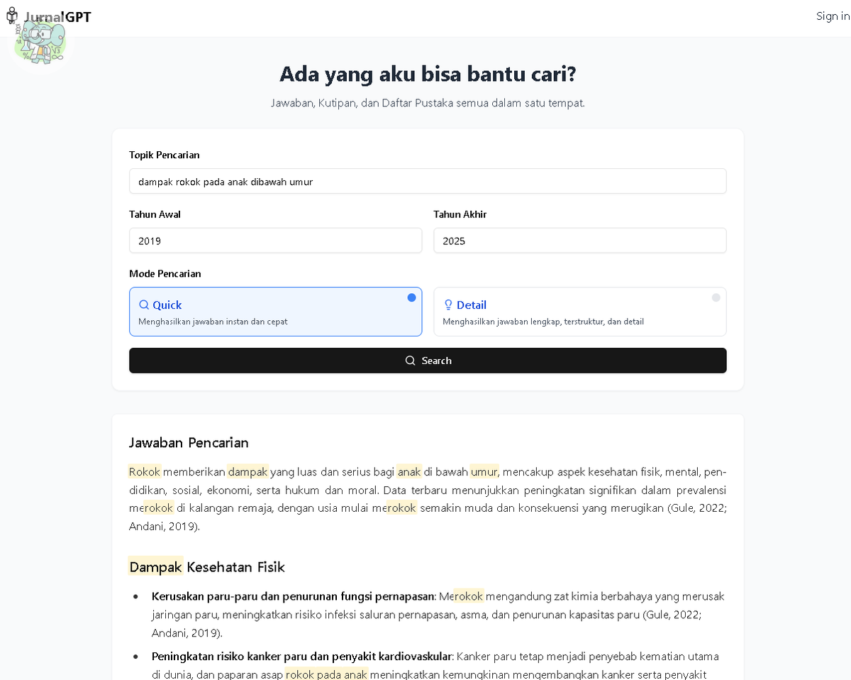 Sch! Gw baru nemu web jurnalgpt.app, bisa masukin topik + tahun jurnal, terus langsung keluar paragraf ada sitasinya anjir, asli  ini ngebantu banget buat skripsian , ada yang tau web lain mirip gini ga sih?