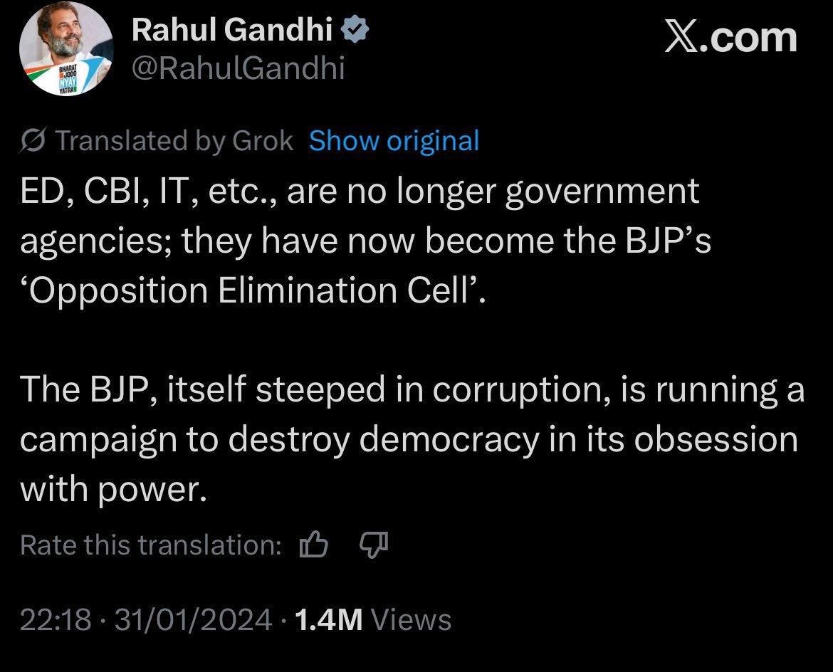 KTR (@ktrbrs) on Twitter photo The Currency Manager (CM) of Rahul Gandhi in Telangana has decided to handover Kaleshwaram case to CBI
The very CBI that <a href="/RahulGandhi/">Rahul Gandhi</a> had famously called “Opposition Elimination Cell” of the BJP
Have you any clue Mr. Gandhi on what your CM is doing?
Bring it on, whatever it The Currency Manager (CM) of Rahul Gandhi in Telangana has decided to handover Kaleshwaram case to CBI
The very CBI that <a href="/RahulGandhi/">Rahul Gandhi</a> had famously called “Opposition Elimination Cell” of the BJP
Have you any clue Mr. Gandhi on what your CM is doing?
Bring it on, whatever it