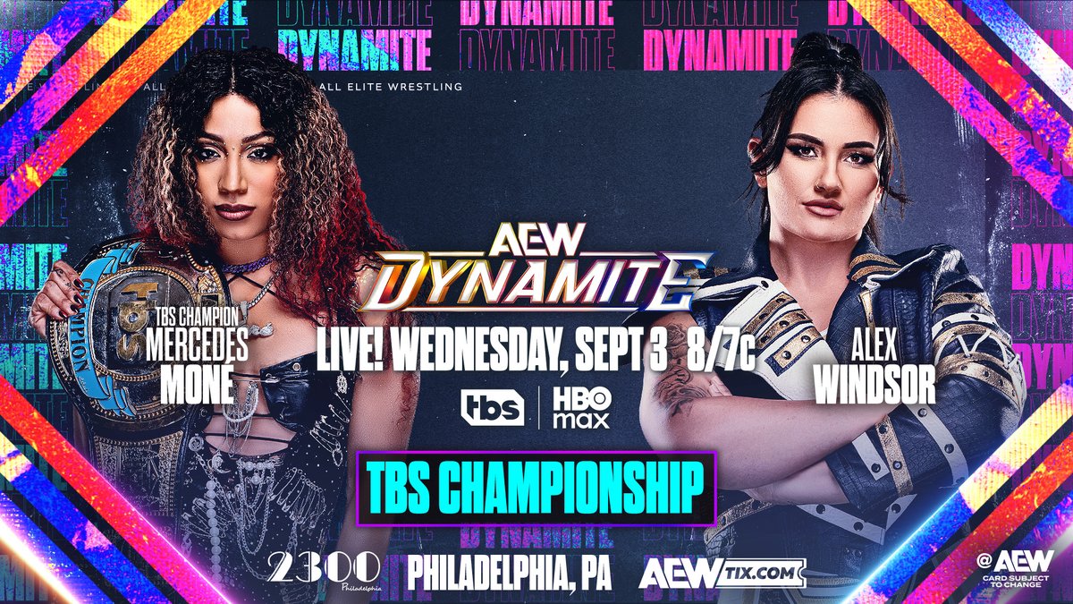 AEW's tweet image. #AEWDynamite
8pm ET/7pm CT, TBS + HBO Max
This Wednesday, 9/3

TBS Title
Mercedes Moné vs @HailWindsor

Windsor says she’s proven she can make Mercedes tap, + she can do it again!
After @MercedesVarnado disrespected @WillOspreay, Windsor wants payback + TBS Title, THIS WEDNESDAY!