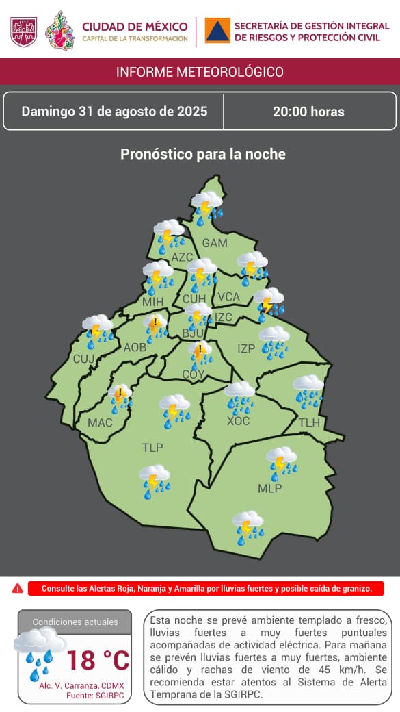 Esta noche en la Ciudad de México, se prevé ambiente #templado, #lluvias fuertes a muy fuertes puntuales acompañadas de actividad eléctrica; consulta las Alertas Roja, Naranja y Amarilla. Mantente informado. Mantente informado. #PronósticoDelTiempo #LaPrevenciónEsNuestraFuerza