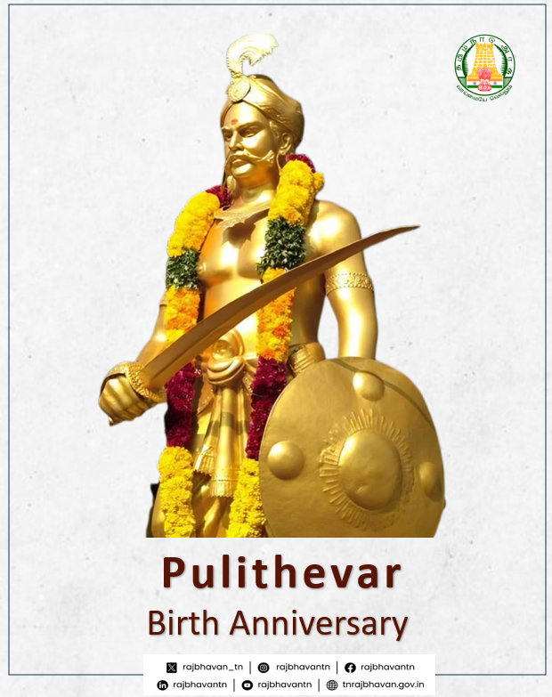 rajbhavan_tn's tweet image. Nation pays profound tribute to Pulithevar, a valiant son of Maa Bharati, on his birth anniversary. A visionary leader, astute strategist and fearless warrior, he stood firm against tyrannical British colonial rule and led one of the earliest and most formidable struggles for…