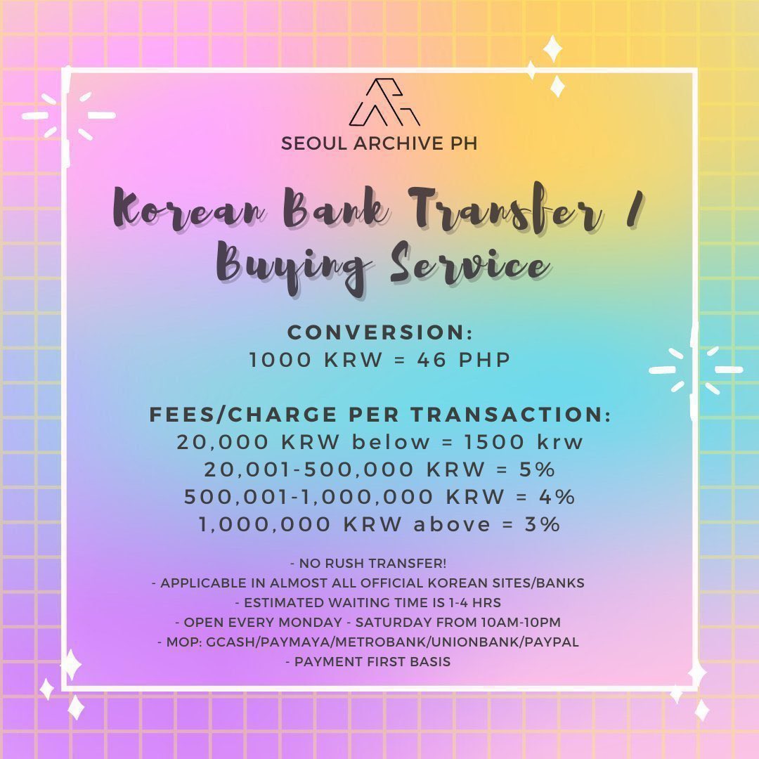 September 1st! Stay safe y'all 🤍

Available services today 09/01/2025

💵 Korean Bank Transfer
🎁  Weverse Purchasing Assistance
🏦 Buying/Purchasing Assistance (KR sites)
📦 Korean Address Box Sharing Service

See photos for the rates🫶🏻

DM TO INQUIRE🫰🏻