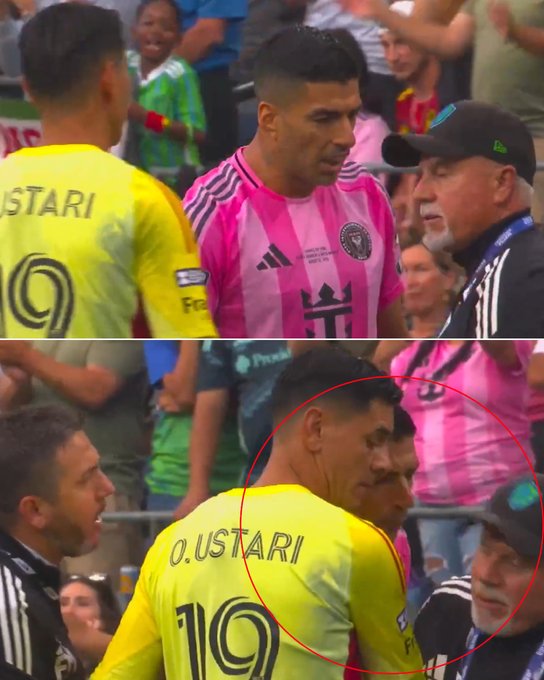 Two images from a soccer match. The first image shows a player in a pink jersey with the logo of a soccer club, interacting with a person wearing a black cap and a black and white striped shirt. The second image shows a player in a yellow jersey with the name "O. USTARI" and the number 19 on the back, also interacting with the same person in the black cap. Both images are related to an incident involving Luis Suarez, as indicated by the context provided. The images have red circles highlighting the interactions.