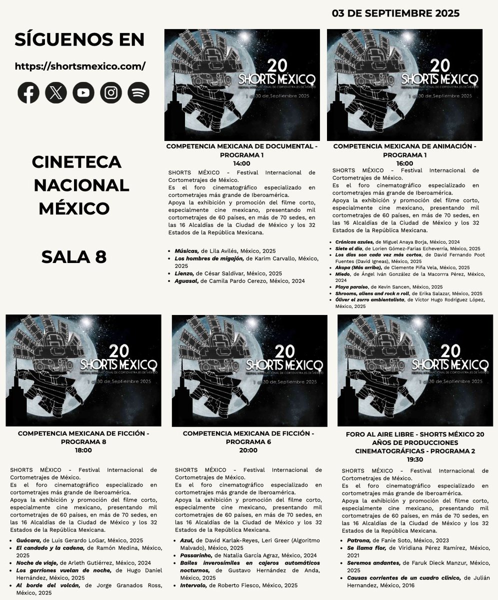 Programación
<a href="/CinetecaMexico/">Cineteca Nacional</a> 3 de septiembre #shortsméxico20