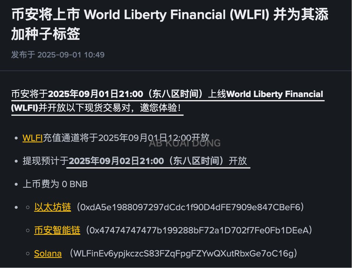 币安刚刚发布了 WLFI 现货上架的公告，与其它交易所不同的是，币安同时披露了 BNB、Solana 链的 WLFI 合约地址。

这也意味着，除了以太坊主链，WLFI 要在三个链上进行流通。目前另外两家头部所 Coinbase 和 Upbit 还没有动静。

交易时间为内地时间：
9 月 1 日晚上 9 点