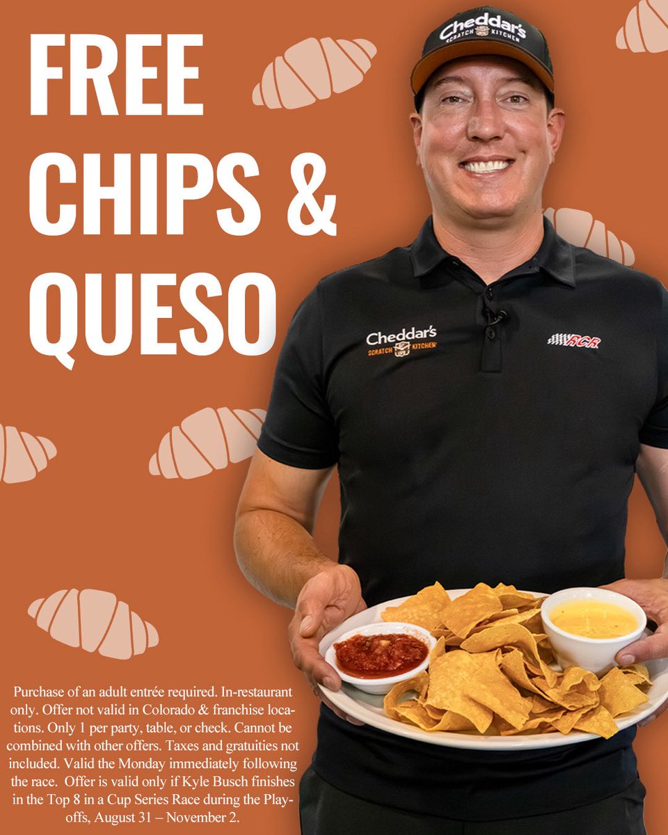 That’s a Top 8 for <a href="/KyleBusch/">Kyle Busch</a> which means our friends at <a href="/cheddarskitchen/">Cheddar's Scratch Kitchen</a> are giving away FREE Chips &amp; Queso (terms apply). Head to your local Cheddar’s on Monday 09/01. All you have to do is mention Kyle’s Top 8 finish to your server and you will receive free chips &amp; queso.