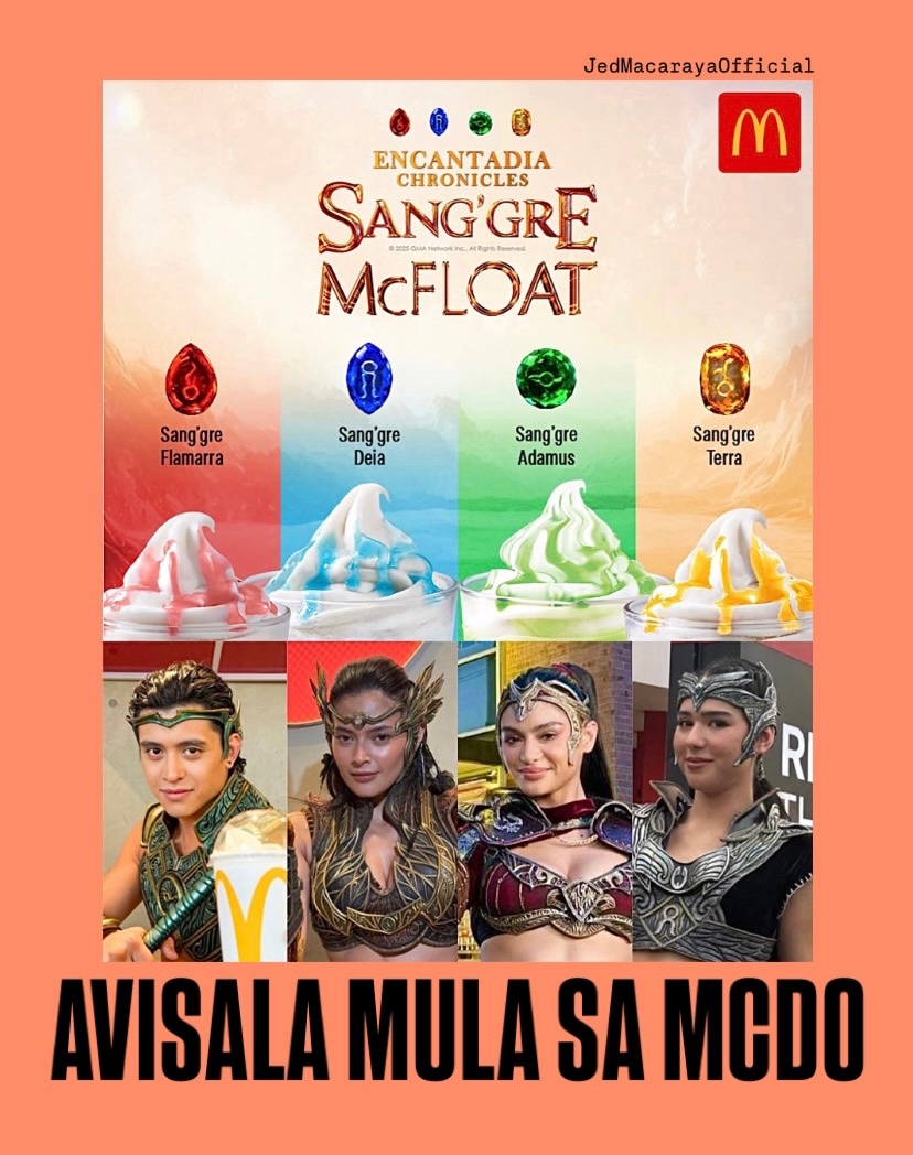 #Mcdonalds x #Sanggre ✨
Our fave #Mcdo float, now in different flavors representing the gems of #Encantadia. 
You can choose from: 
🍂 Terra  
💧 Adamus 
🔥 Flamarra 
💨 Deia

Get a free photocard once upgraded into 1 pc. Chicken meal. For a limited time only!
#AvisalaMulaSaMcDo