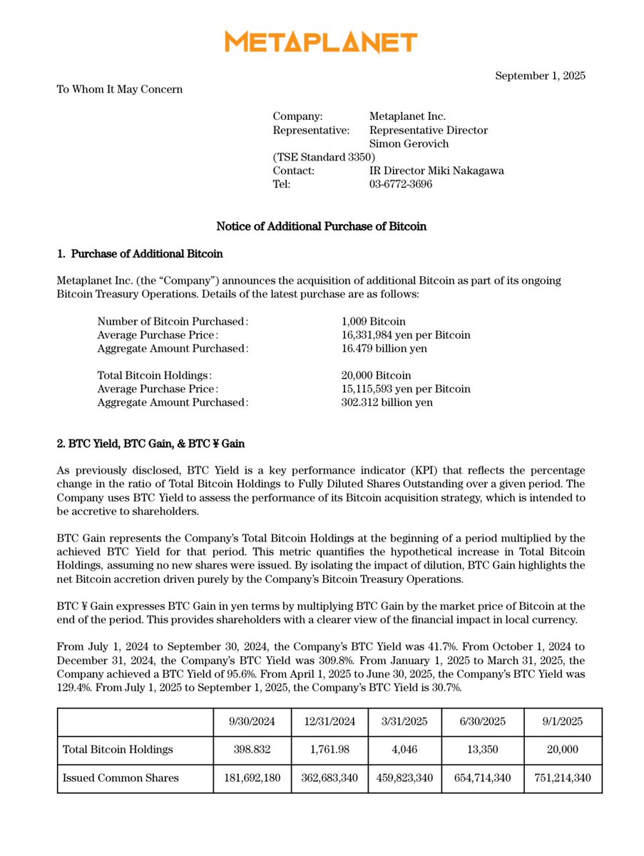 Metaplanet Bitcoin Purchase Announcement Page 1